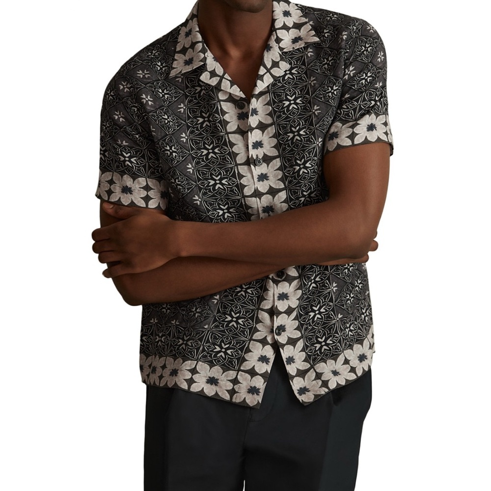 New Reiss Pantain Linen Printed Cuban Shirt, Size: Large